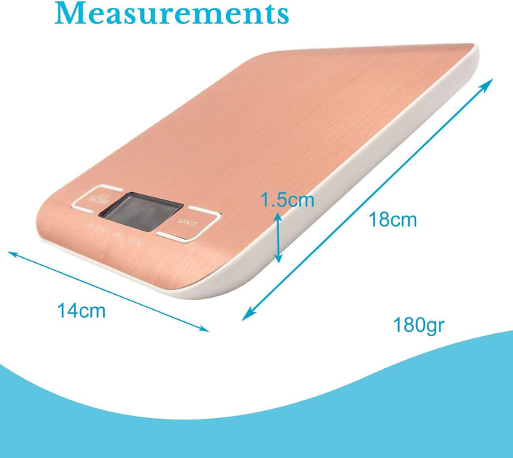 Digitale Küchenwaage 5 kg -ROSÉ GOLD- Wiederaufladbar per USB & Batteriebetrieb- Elektronische Waage