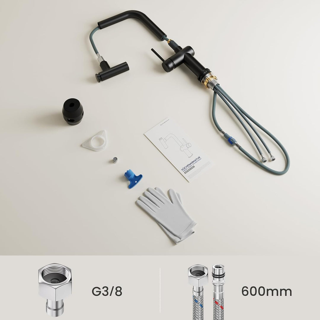 CECIPA Wasserhahn Küche Schwarz, Ausziehbar Küchenarmatur mit Brause Zwei Wasserstrahlarten, Hochdru