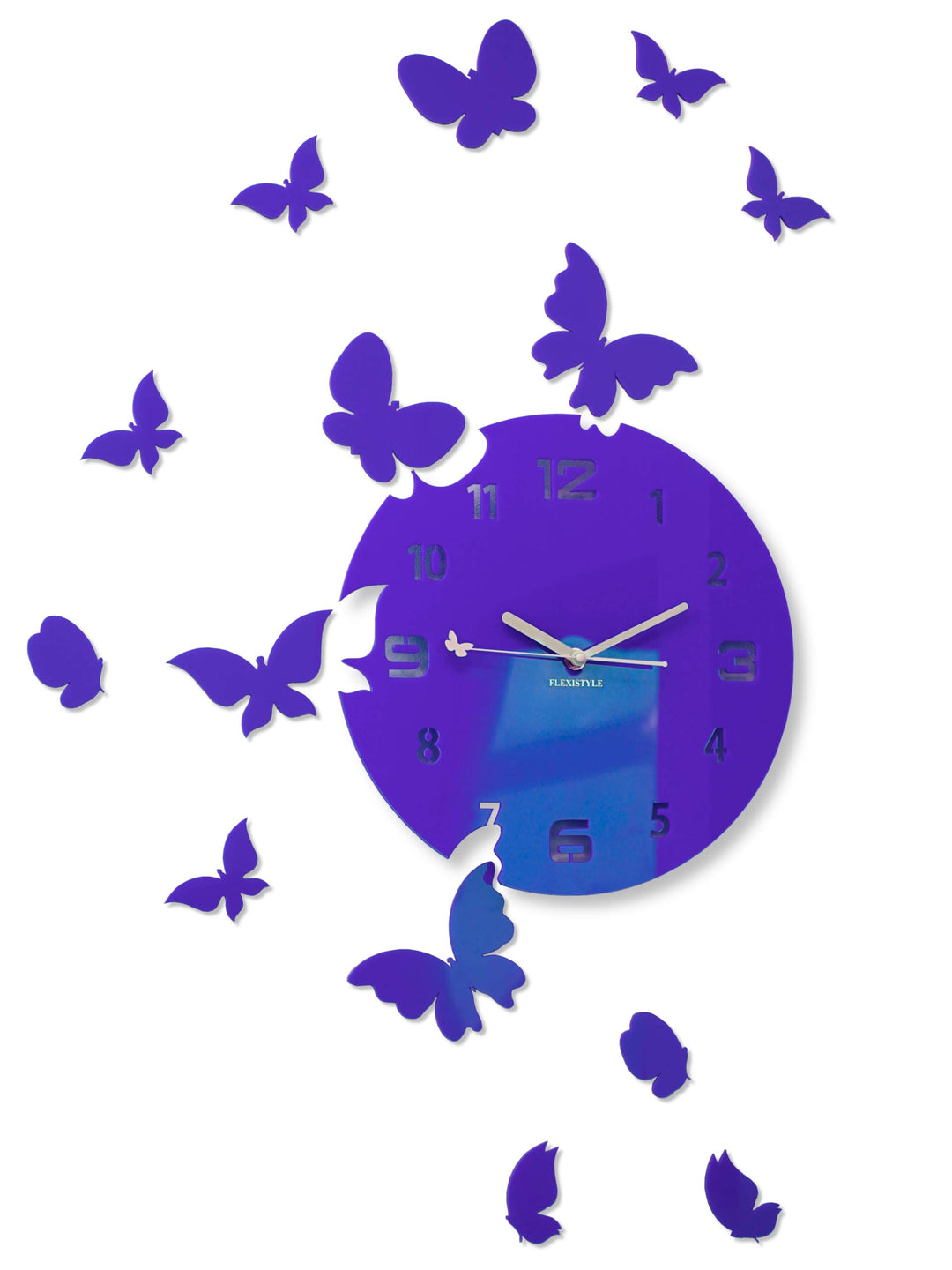 FLEXISTYLE Grosse Moderne Wanduhr Schmetterling rund 30cm, 15 Schmetterlinge, Wohnzimmer, Schlafzimm