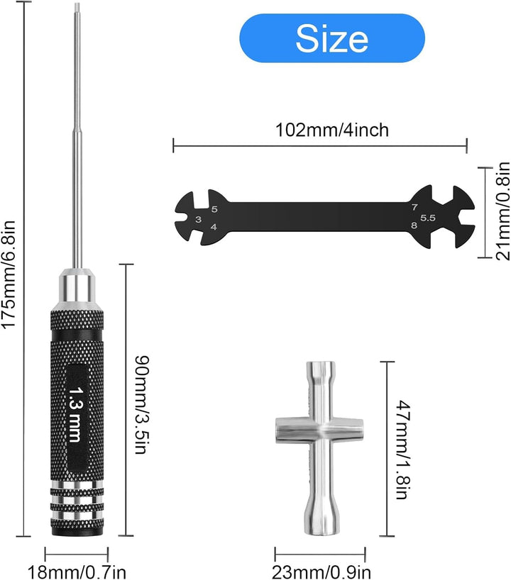 Sechskant Schraubendreher Satz 7 teilig 0,9/1,27/1,3/1,5/2,0/2,5/3,0mm mit Steckschluessel & RC Auto