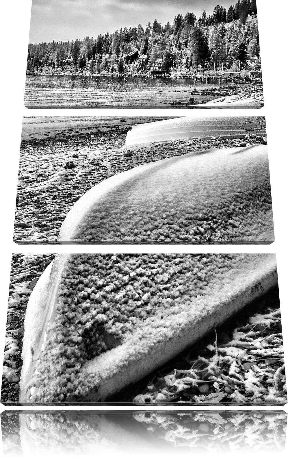 Pixxprint Monocrome, zugeschneite Boote im Winter 3-Teiler Leinwandbild 120x80 Bild auf Leinwand