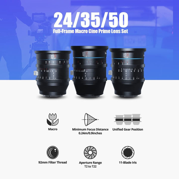 SIRUI Jupiter Macro T2 Vollformat Cine Prime Objektiv Set (24mm, 35mm und 50mm Cinema Objektiv Set),