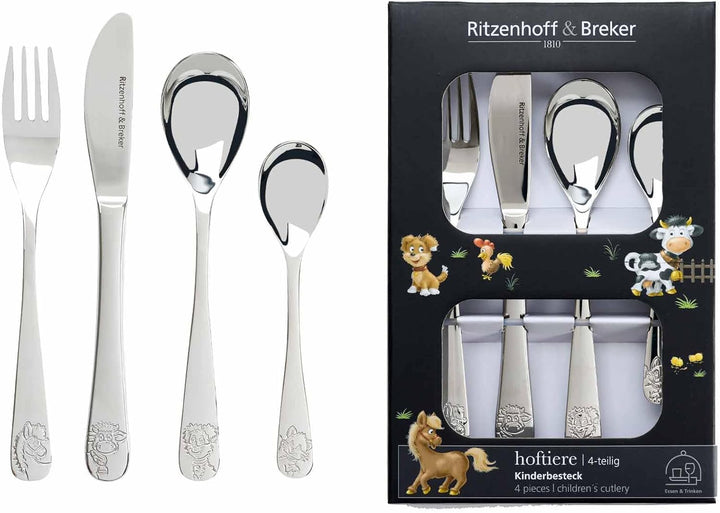 Ritzenhoff & Breker Kinderbesteck-Set Hoftiere 4-teilig | Gabel, Messer, Löffel und Dessertlöffel fü
