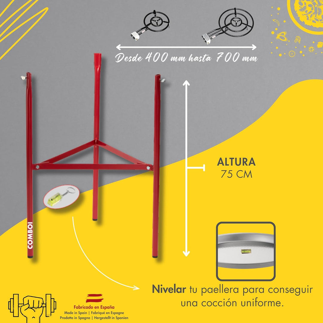Paella-Brenner-Set, Butangas, 70 cm, polierter Stahl, 90 cm, Ständer mit verstärkten Füssen, Ebene,