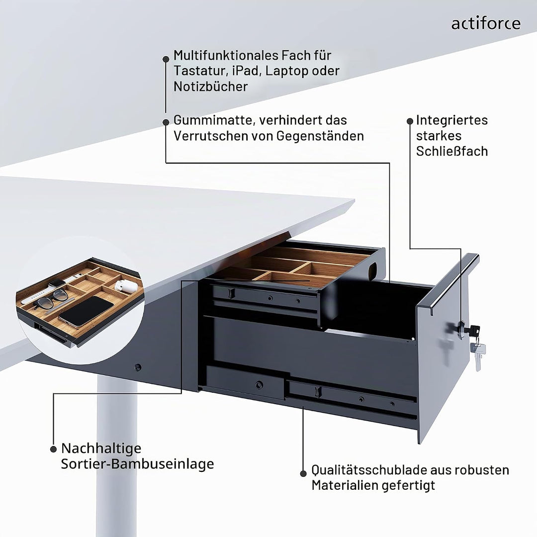 ACTIFORCE® Premium Untertischschublade abschliessbar, mit 2 Schubfächern und Bambuseinlage | schwarz