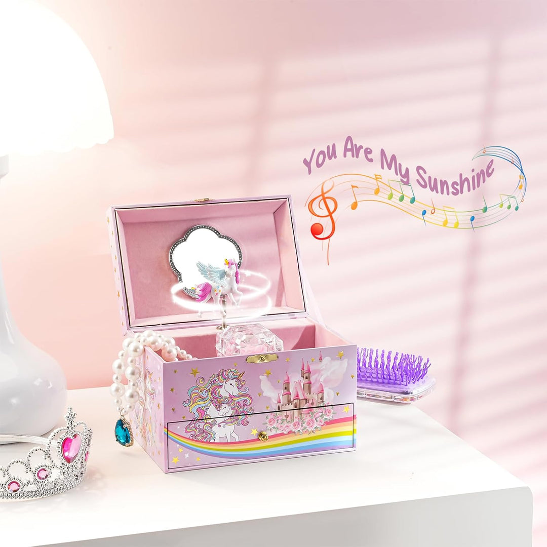 ProCase Kinder Musik Box Schmuckkästchen mit Spieluhr Einhorn & Konservierte Blumen, Schmuckschatull