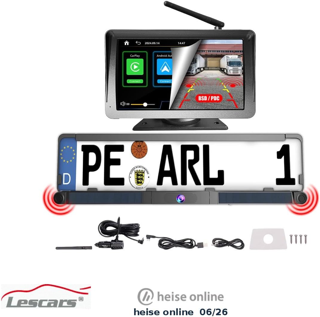 Lescars Auto Zubehör: Kabelloses Solar-Funk-Rückfahrkamera-Set, CarPlay-/Android-Auto-komp. (Abstand