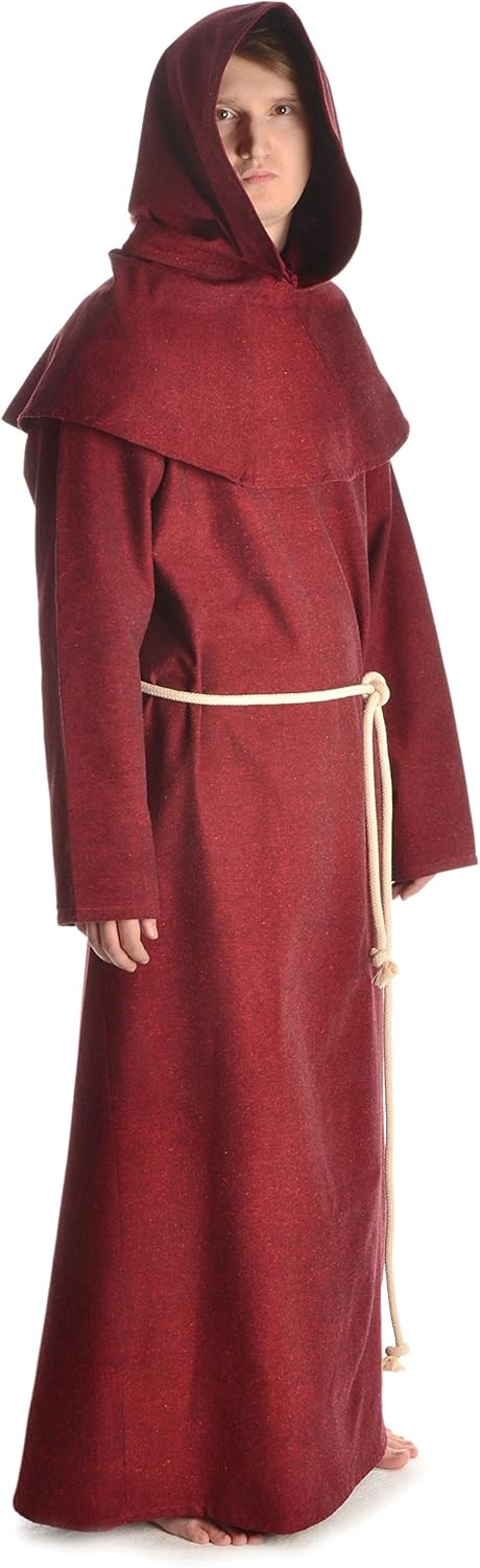 Herren Mittelalter Kutte Halzebier (Set Kapuze, Strick, Cotte) S-XXXL Baumwolle L-XL Rot, L-XL Rot