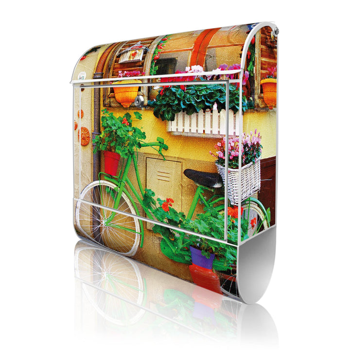 banjado® Design Briefkasten mit Motiv Grünes Fahrrad 39x47x14cm &amp; 2 Schlüssel - Briefkasten Stahl we