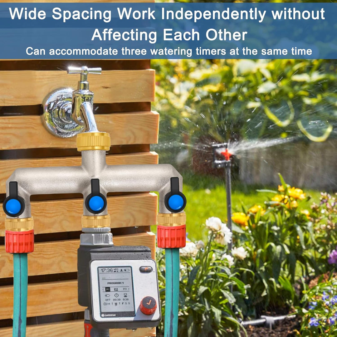 3-Wege Wasserhahn Wasserverteiler aus Messing für 3 Geräte/Gartenschläuche, 3er Verteiler 3/4" Adapt