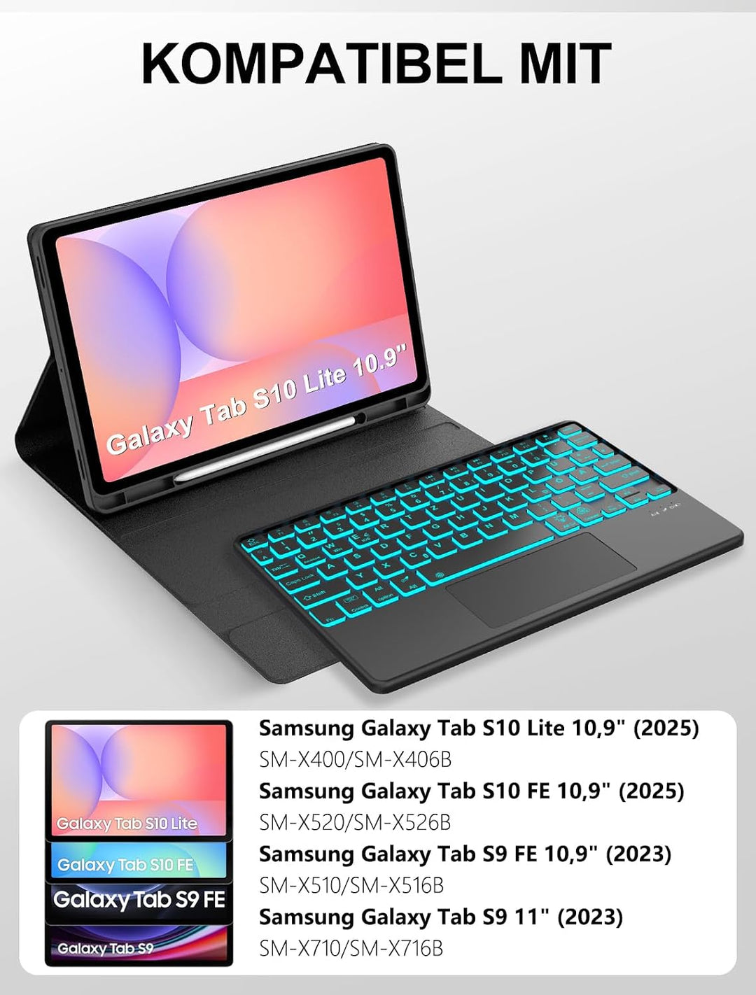 JADEMALL Hülle mit Touchpad & RGB-Tastatur für Samsung Galaxy Tab S10 Lite/S10 FE/S9 FE 10,9" & S9 1