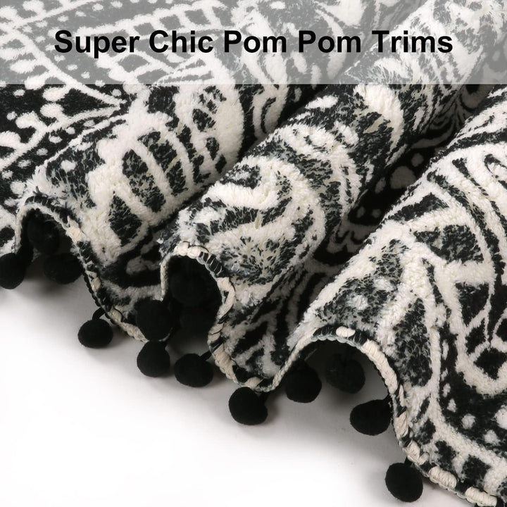 Uphome Kleiner runder Teppich, 5,8 cm, schwarz, Mandala, Boho, Badezimmerteppiche mit Pompons, Frans