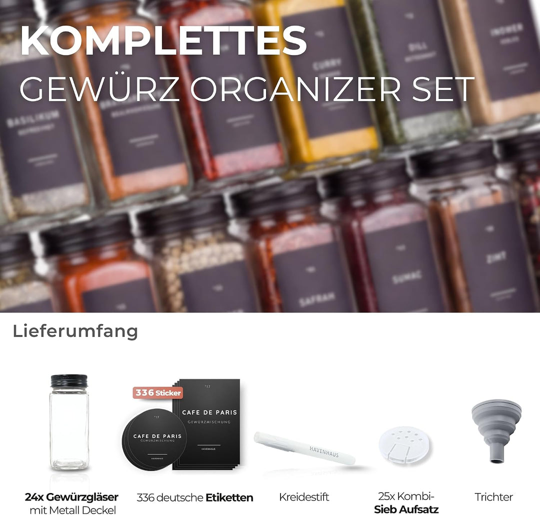 Gewürzgläser Set schwarz | 24 Gewürz Organizer inkl. 336 deutschen Gewürzetiketten | Gewürzgläser ec