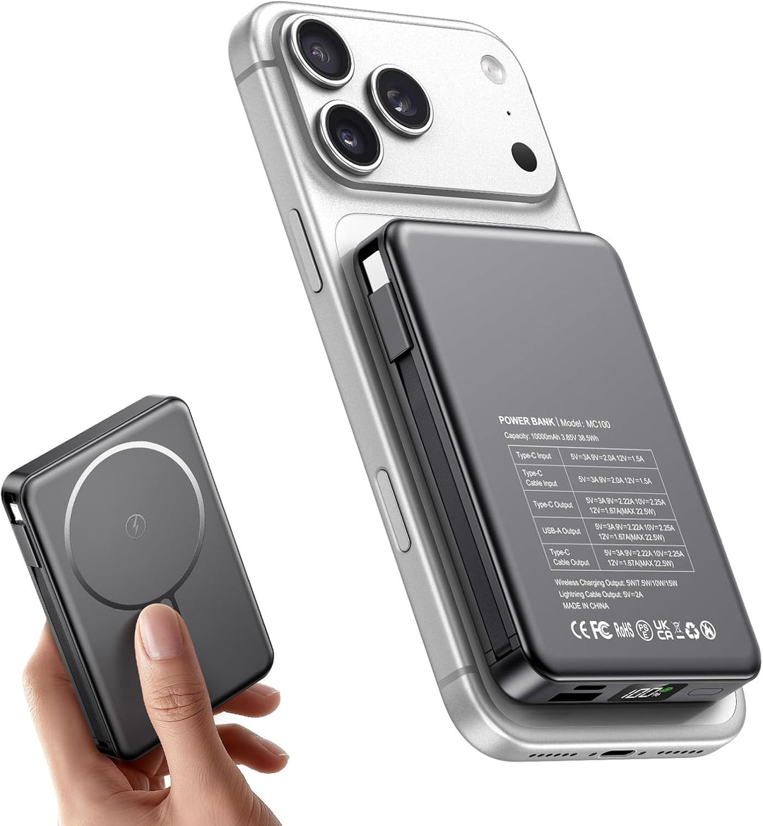 Magsaf Power Bank 10000mAh, Wireless Magnetische Powerbank Schnelles Laden mit LED-Display Mini Powe