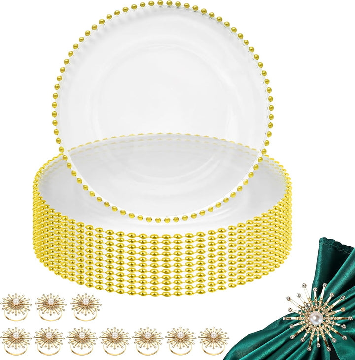 WedDecor Set mit 12 Platztellern und Serviettenringen, Tafelaufsatz aus klarem Glas mit Perlenteller