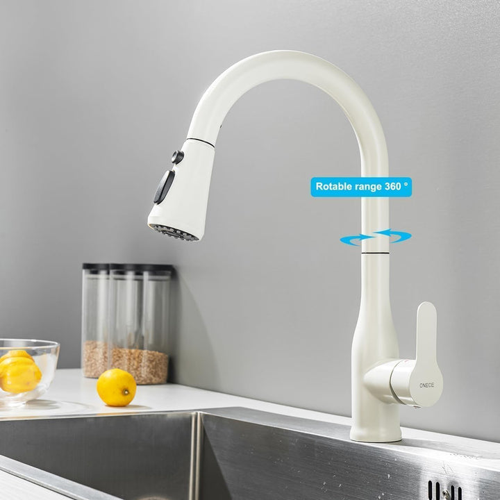 ONECE Wasserhahn Küche Beige, Küchenarmatur ausziehbar mit 3 Wasserstrommodi & 360° drehbarem Auslau