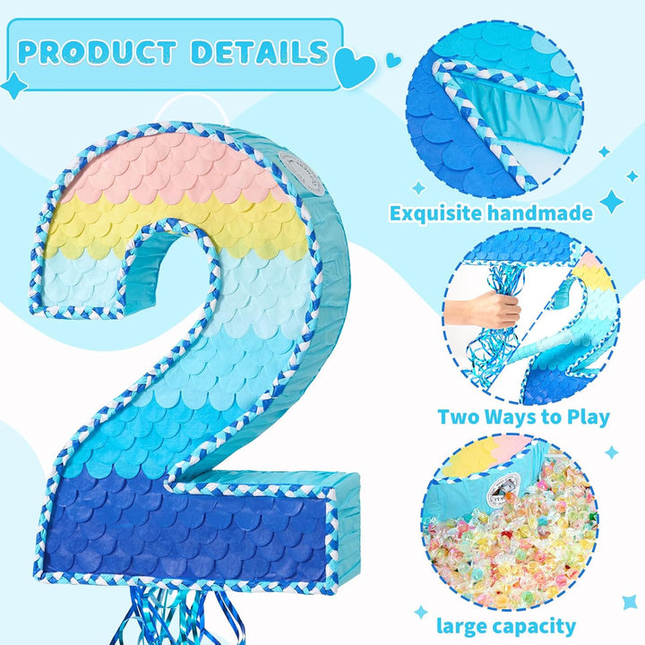 WERNNSAI Nummer 2 Piñata Set - Blaue Deko mit Augenbinde & Schläger | Aus robuster Wellpappe; ideale