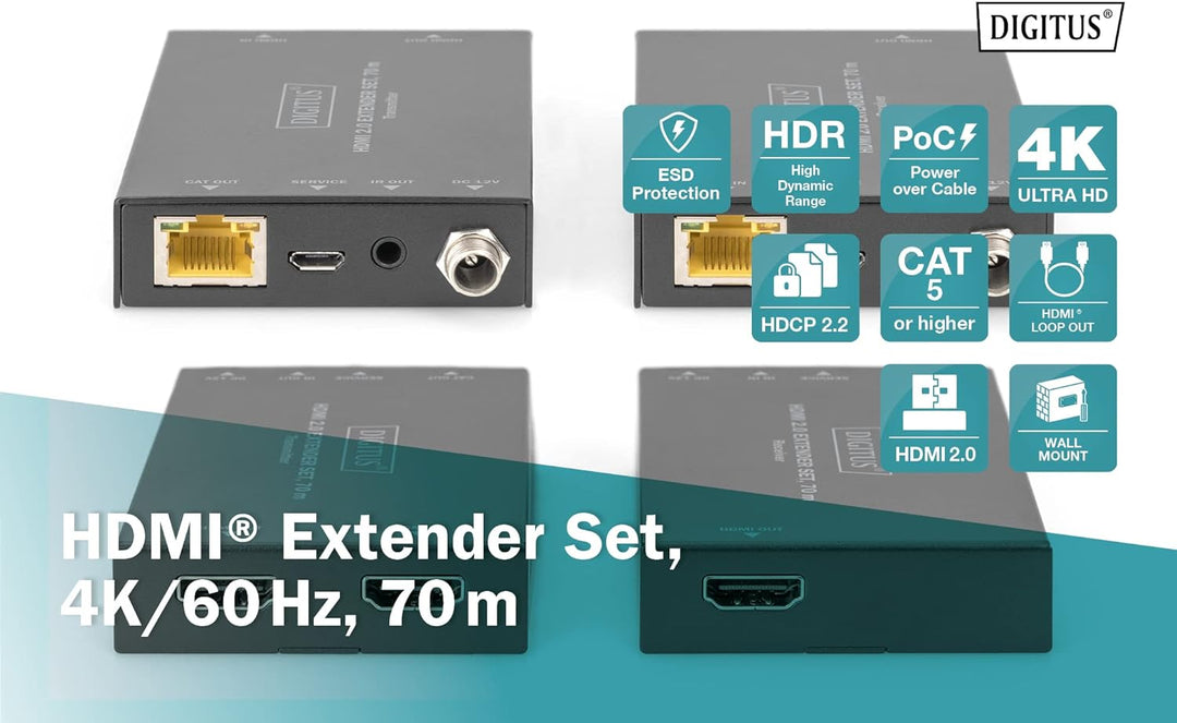 DIGITUS HDMI 2.0 Extender Set, 70 m 4K/60Hz, 18 Gbps, HDCP 2.2, HDR, PoC Ultra-HD / 4K@60Hz LAN Kabe