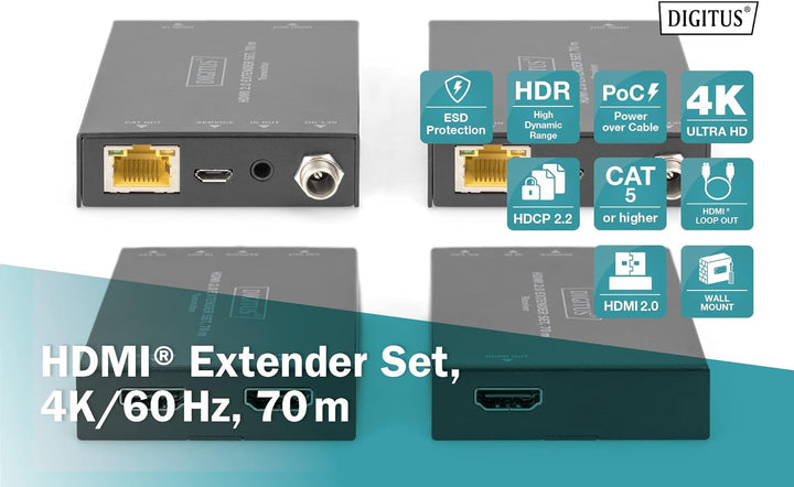 DIGITUS HDMI 2.0 Extender Set, 70 m 4K/60Hz, 18 Gbps, HDCP 2.2, HDR, PoC Ultra-HD / 4K@60Hz LAN Kabe