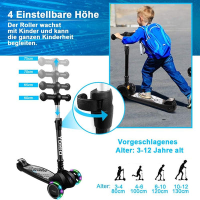YOLEO Kinderoller Kinderscooter Dreiradscooter mit LED Räder, 2-Rädern Hinterbremsen,4 Höhenverstell