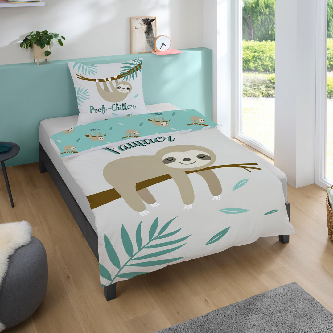 Familando Faultier Bettwäsche-Set 135x200 cm + Kissen 80x80 cm · Profi-Chiller · Kinder-Bettwäsche 1