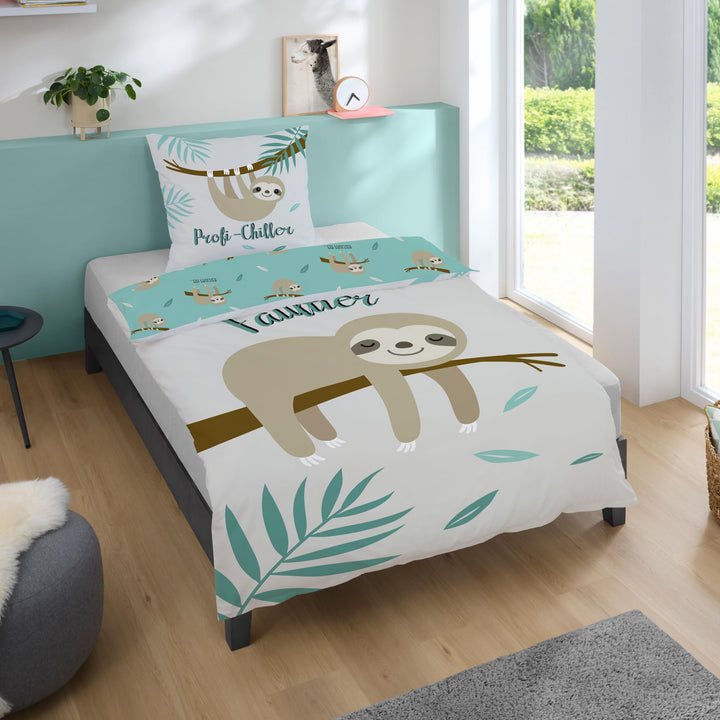 Familando Faultier Bettwäsche-Set 135x200 cm + Kissen 80x80 cm · Profi-Chiller · Kinder-Bettwäsche 1