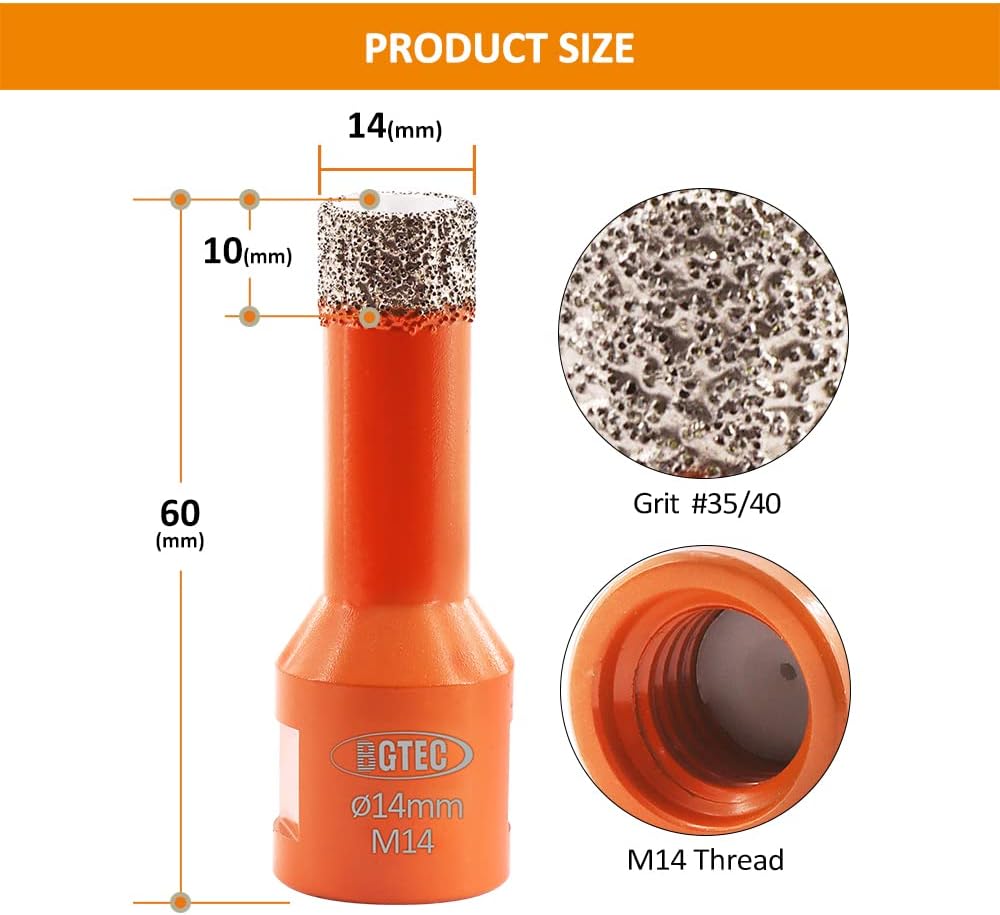 BGTEC Trockener Diamantkernbohrer 2 Stück 14 mm mit M14-Gewinde für Porzellanfliesen Keramik Granit