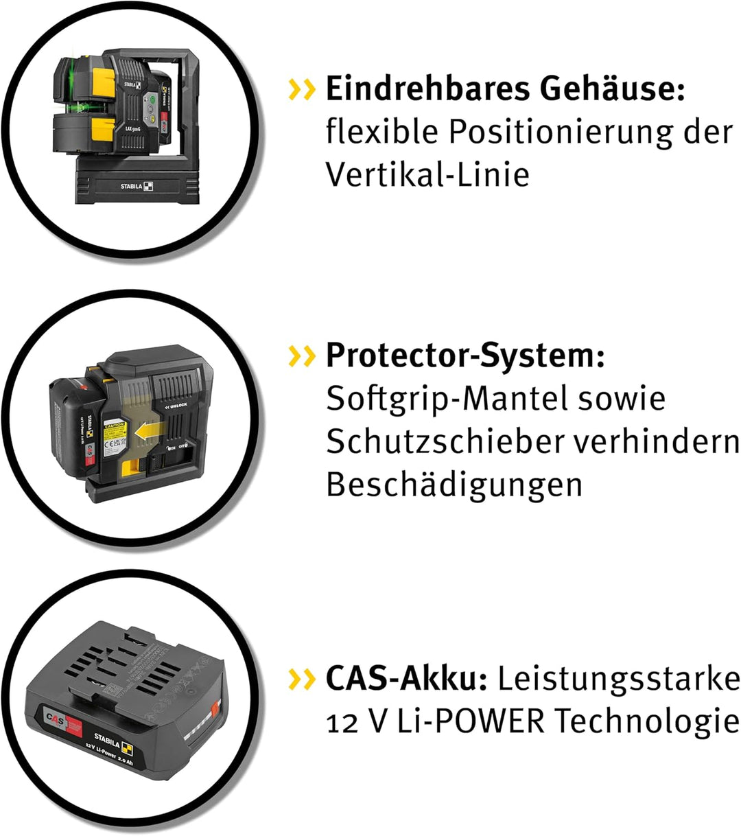 STABILA 12-V-System Kreuzlinienlaser grün LAX 500 G, selbstnivellierend, mit Lotpunkten, max. Reichw