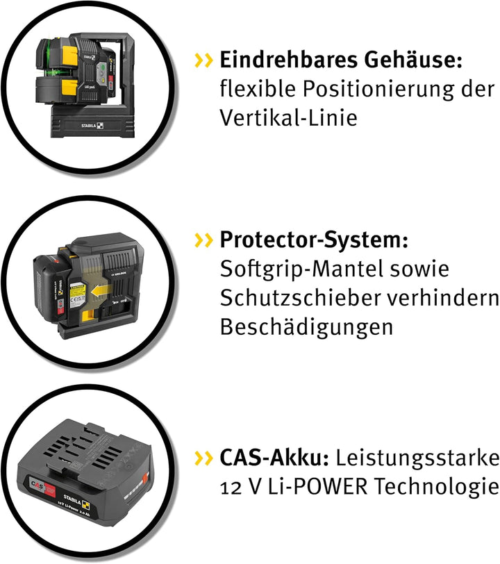 STABILA 12-V-System Kreuzlinienlaser grün LAX 500 G, selbstnivellierend, mit Lotpunkten, max. Reichw