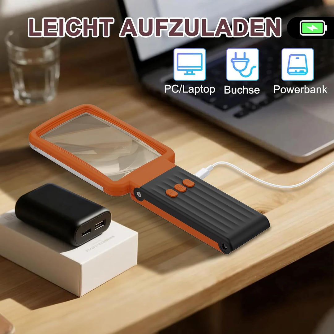 10X Lupe mit Licht und Ständer, Echtglaslinse Leselupe, Wiederaufladbare, Faltbare Grosse Handlupe,