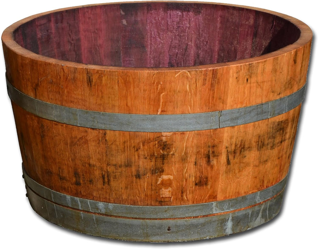 Temesso Holzfass als Pflanzkübel, Weinfass halbiert geölt (D70 cm) (Schlaufen + Rollen + Bohrungen)