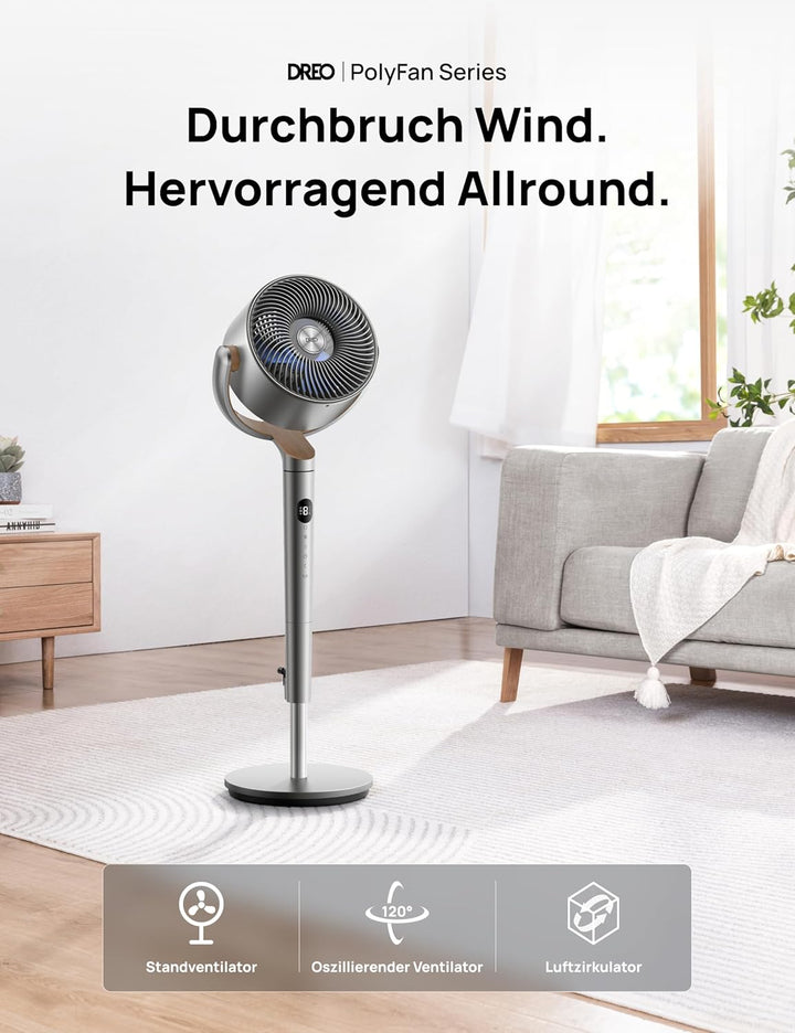 DREO Smart Standventilator, 120°+120° Oszillierend Ventilator mit Wi-Fi/Sprachsteuerung, 20dB Leiser