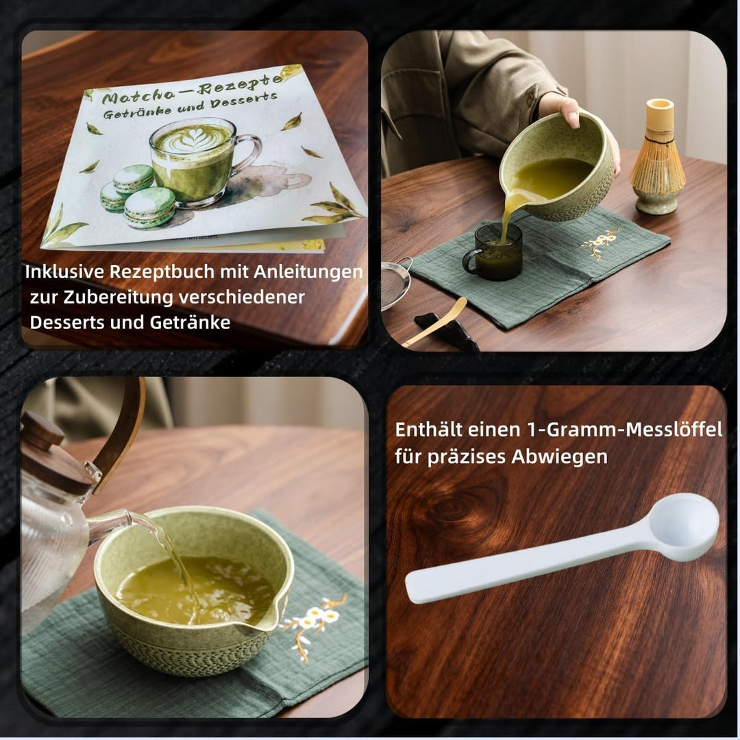 Matcha Set mit 9 Zubehörteilen | Inklusive Rezepten für Gebäck & Getränke mit Präzisionsmesslöffel |