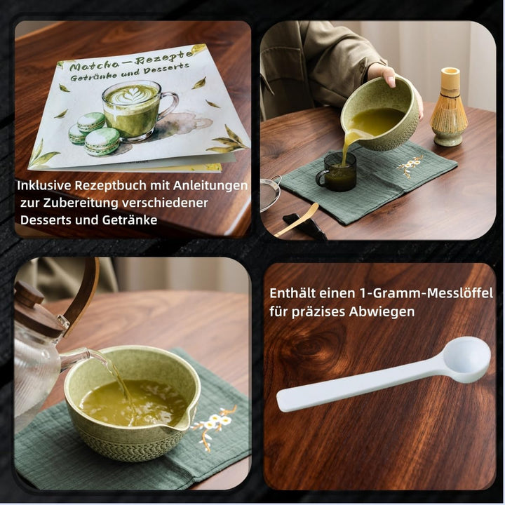 Matcha Set mit 9 Zubehörteilen | Inklusive Rezepten für Gebäck & Getränke mit Präzisionsmesslöffel |