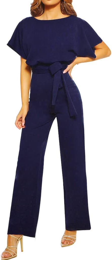 Walant Damen-Jumpsuit, kurzärmlig, Rundhalsausschnitt, einfarbig, Strampler Jumpsuit, Sommer, schick