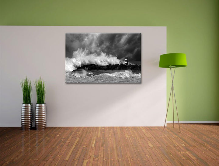 Pixxprint Tobendes Meer mit Leuchtturm als Leinwandbild/Grösse: 100x70 cm/Wandbild/Kunstdruck/fertig