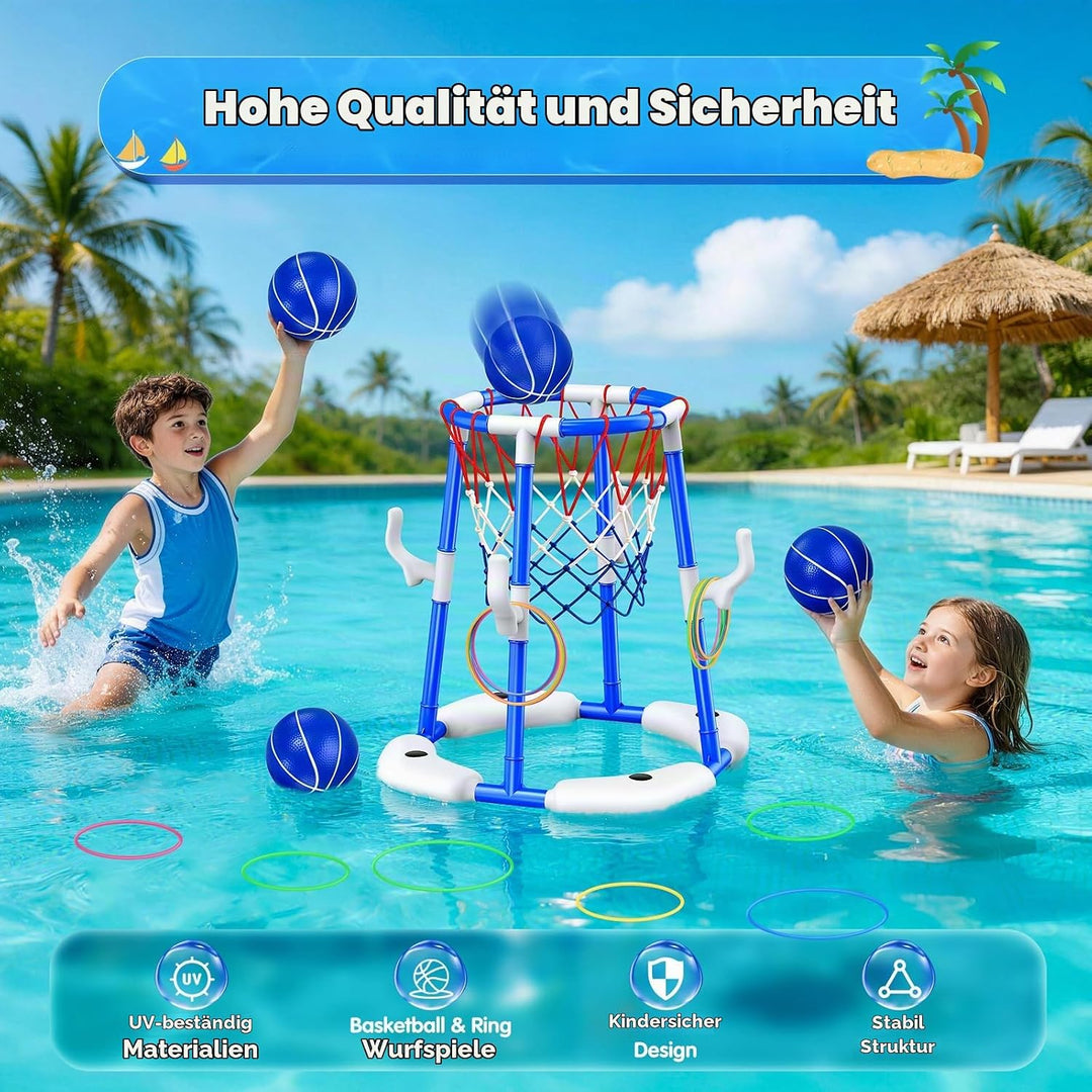 HaoVrisn Pool Basketballkorb Kinder Set, 2-in-1 Pool Spielzeug mit Ringwurf Spiel- 4 Bälle, 12 Ringe
