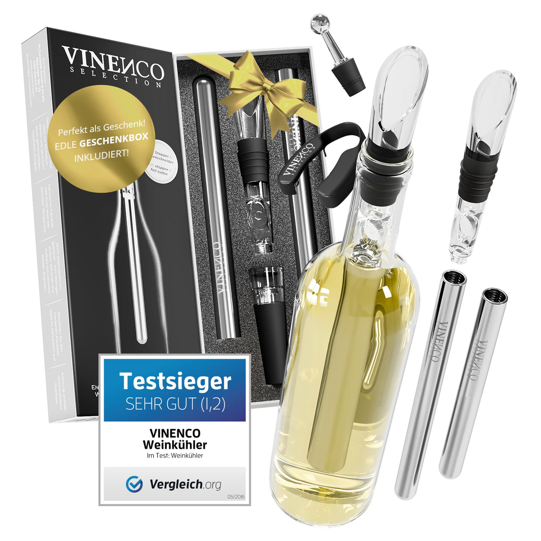 VINENCO Weinkühler Set, Flaschenkühler + Dekanter 3-in-1 Premium Wein Zubehör: Edelstahl Flaschen-We
