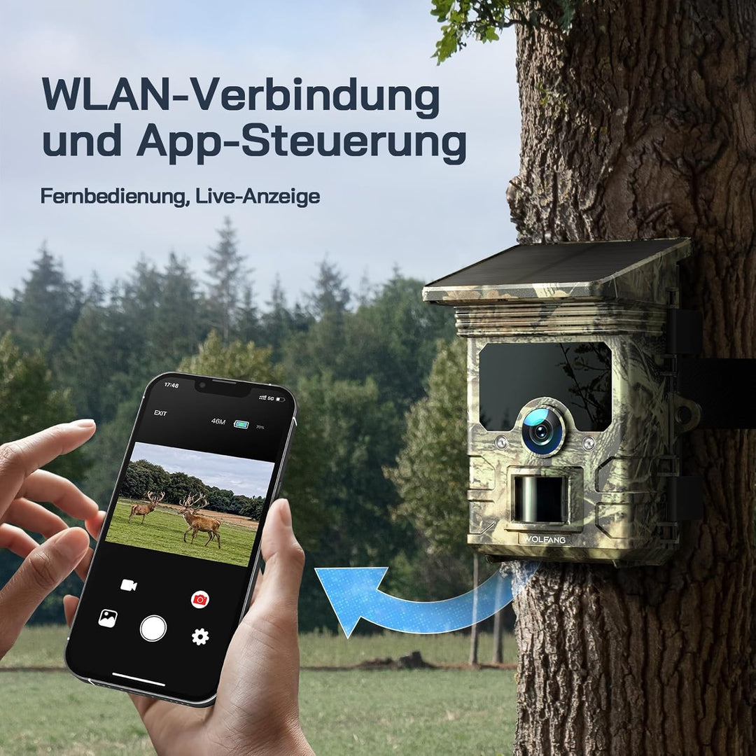 WOLFANG Solar Wildkamera 4K 46MP, WLAN Bluetooth Jagdkamera mit hervorragender Nachtsicht, Duale Str