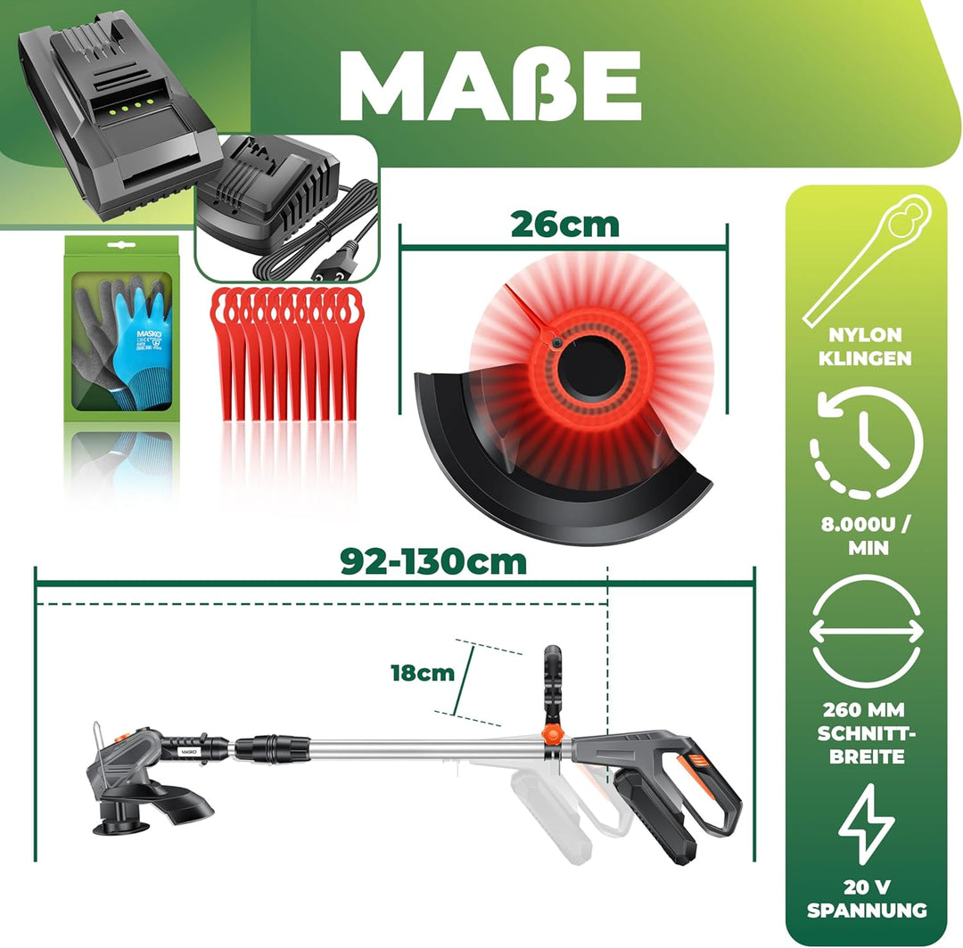 MASKO® Akku-Rasentrimmer mit 20 V Li-Akku, 2,0 Ah Akku und Ladegerät, Motorsense 26 cm Schnittkreis,