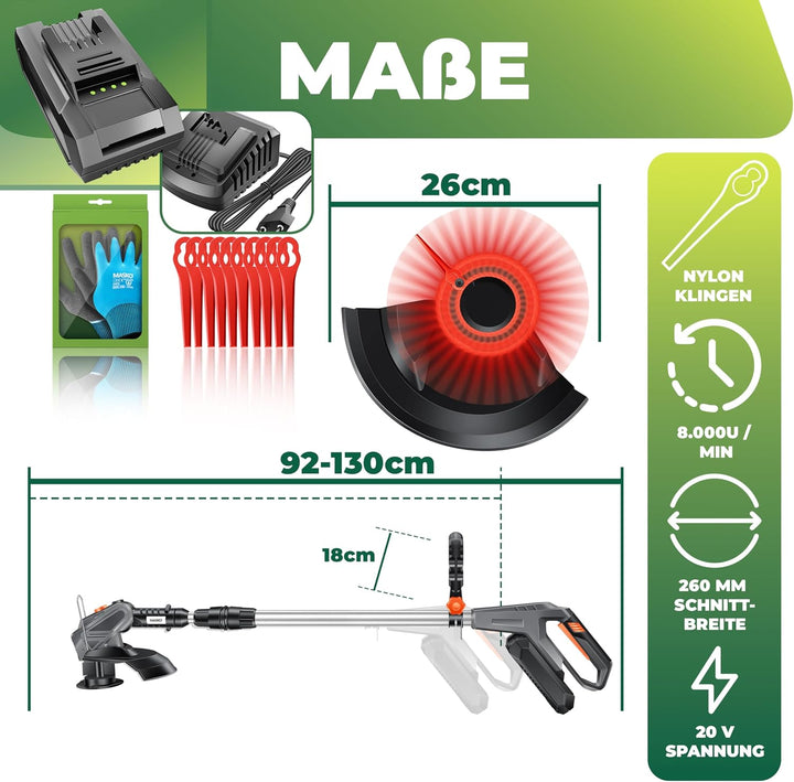 MASKO® Akku-Rasentrimmer mit 20 V Li-Akku, 2,0 Ah Akku und Ladegerät, Motorsense 26 cm Schnittkreis,