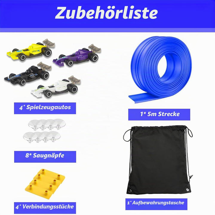 5 Meter Autorennbahn Rennstrecke - Rennstrecke Mit Rampen, Inklusive 4 Spielzeugautos, Flexibel FüR
