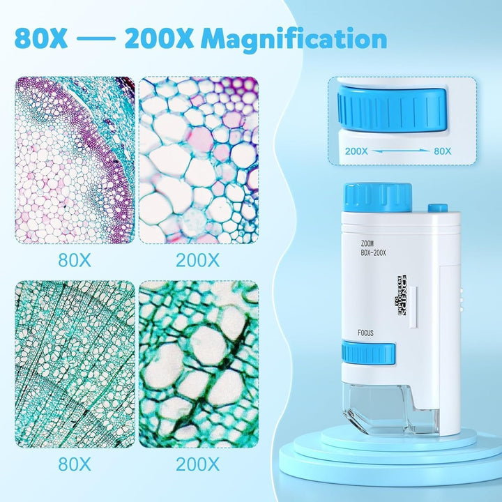 80x-200x Taschenmikroskop Kinder, LED Mikroskop für Kinder mit 12 Objektträgern LED-Licht Microscope