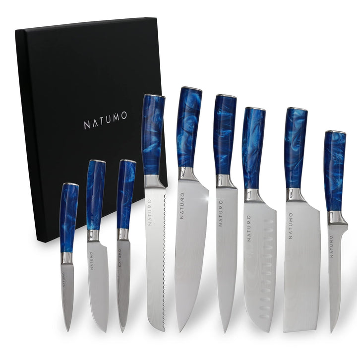 NATUMO Küchenmesser Set 9-teilig. HRC 56+ scharfes Messerset Profi in Damast-Optik aus Allzweckmesse