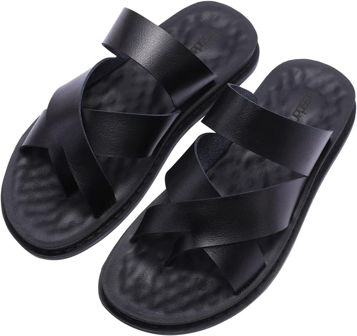 Harssidanzar Herren Sandalen Hausschuhe Cross Straps Slide Slip On Flip Flops für Männer Toe Ring St