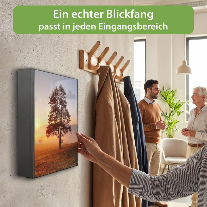 banjado® Grosser Schlüsselkasten Glas/Schlüsselbox 30cm x 30cm mit 50 Haken - Motiv Sonnenaufgang/Sc
