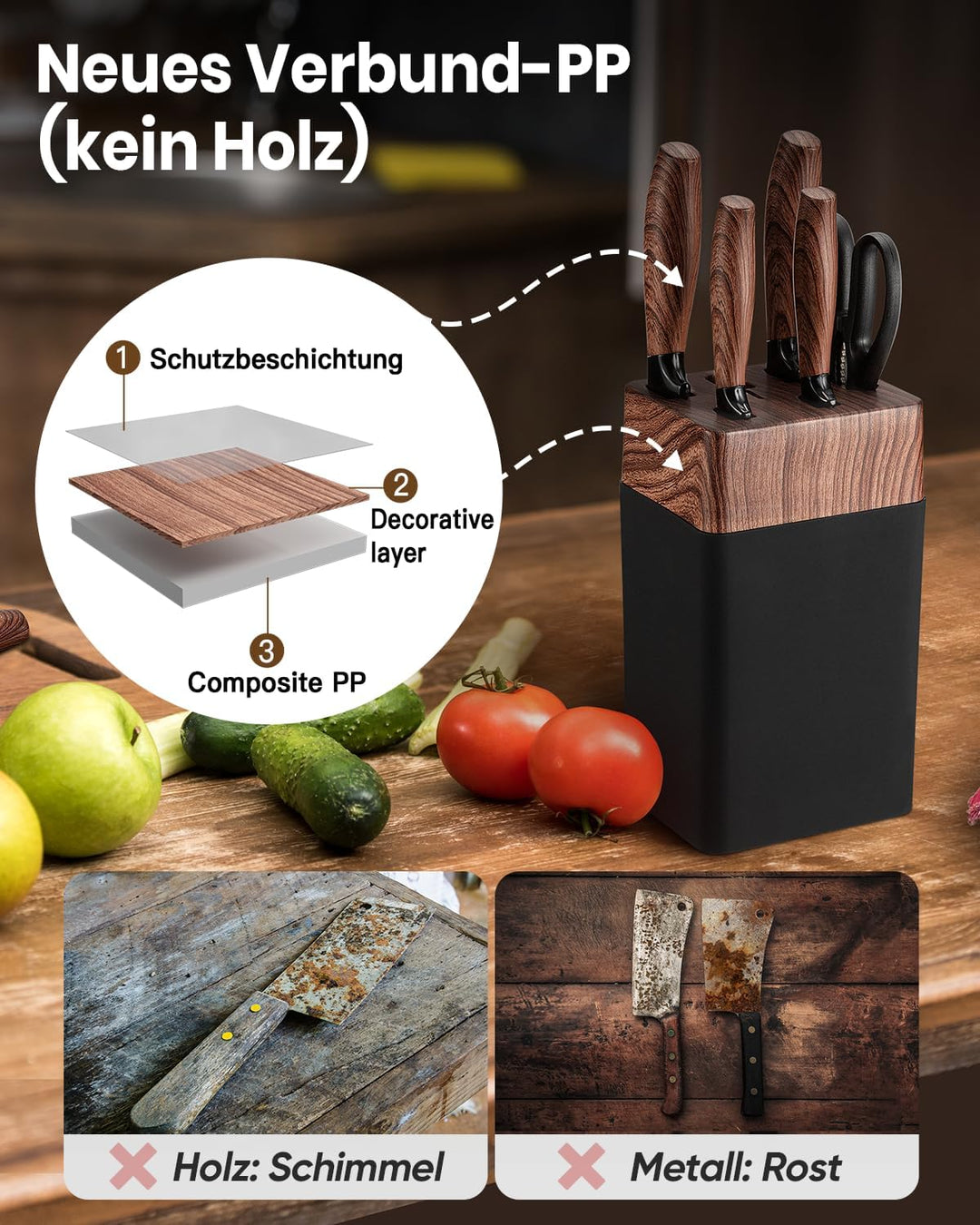 Messerblock Set, 7-teilig Scharf Messerset mit Block, Deutsche Klingen aus Hochwertigem Edelstahl un