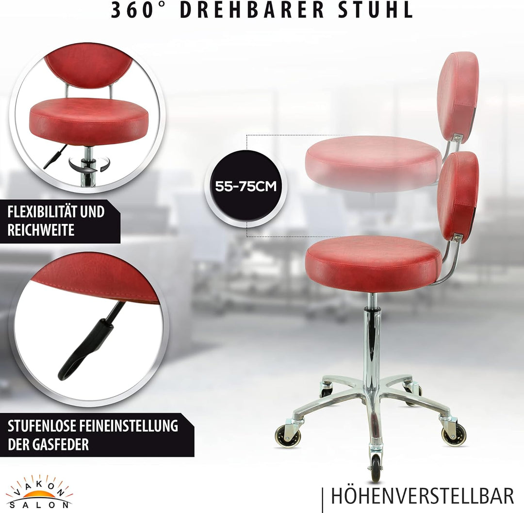 Premium Rollhocker Rot mit ovaler Lehne höhenverstellbar von 55 bis 75 cm - Rundsitz- Drehhocker Arb