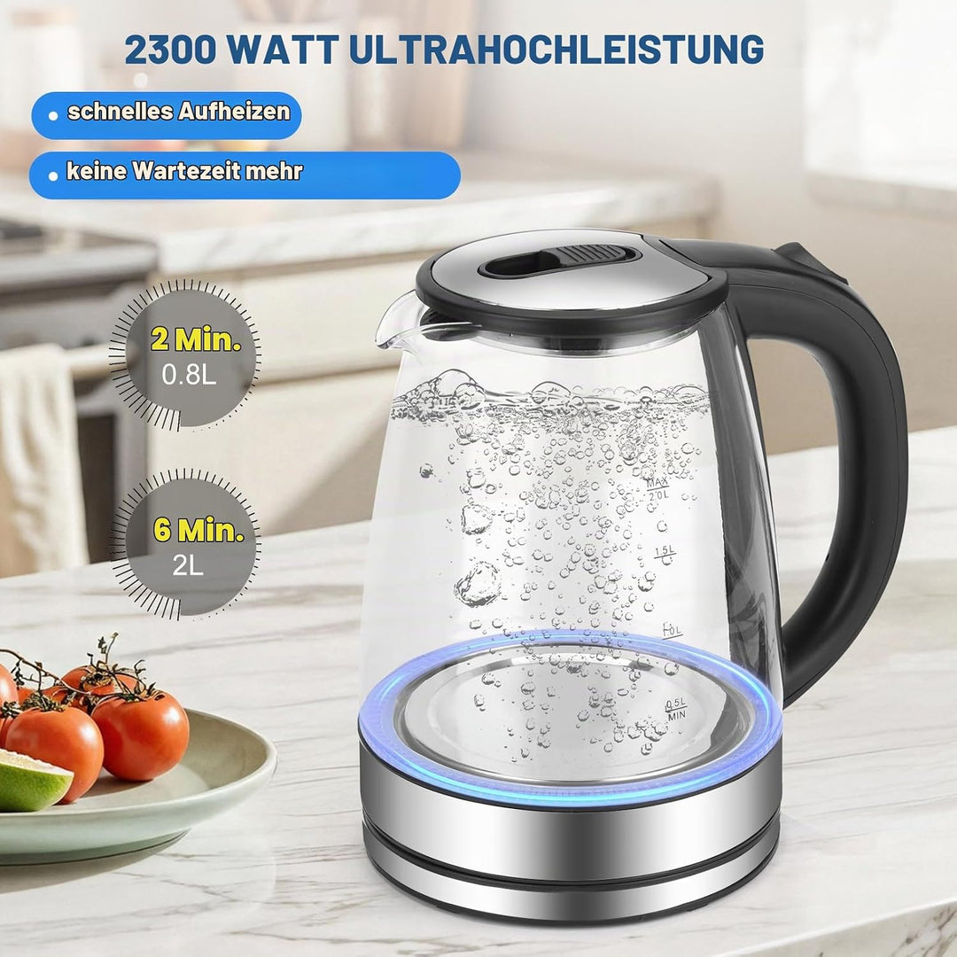 Glas Wasserkocher 2,0 liter, 2300w, BPA-frei, LED Beleuchtung, Schnelles Kochen,Wasserkocher aus Bor