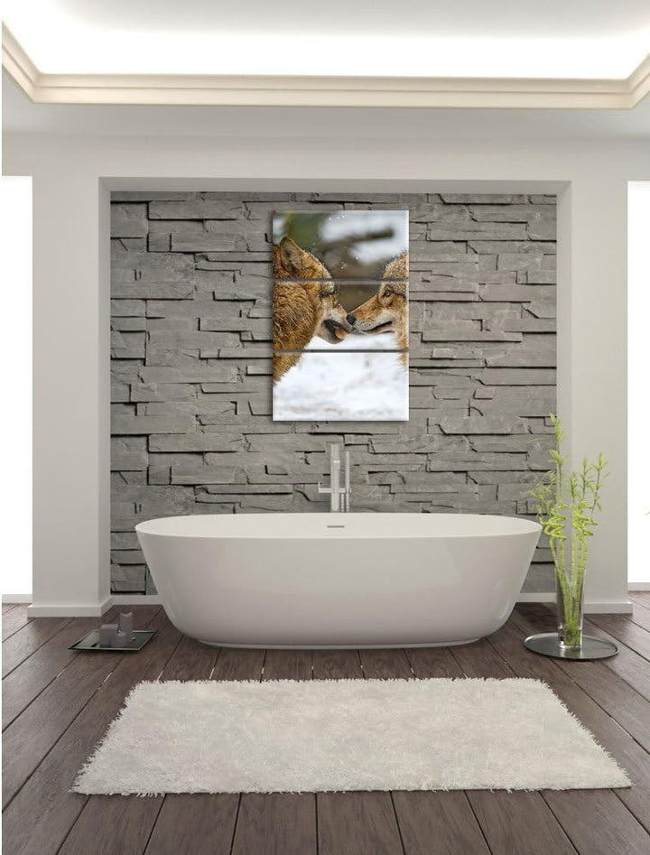 Pixxprint liebevolle Wölfe im Schnee 3-Teiler Leinwandbild 120x80 Bild auf Leinwand